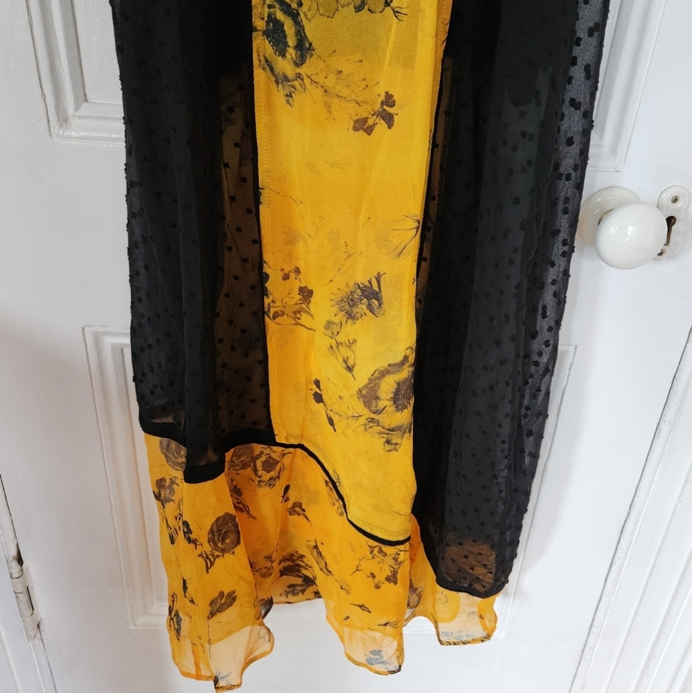 Religion Off Shoulder Yellow Floral Ruffle And Black Swiss Dot Maxi Dress - Picture 6 of 11